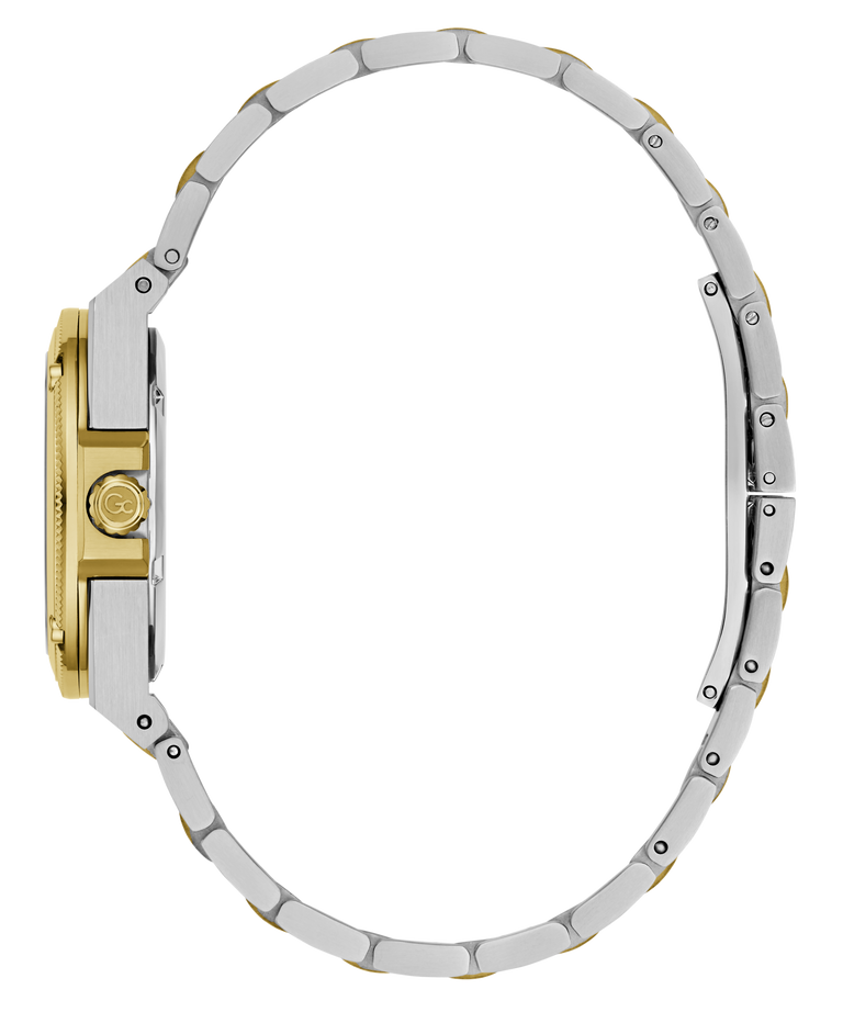 A two-tone metal watch band shown from the side profile, featuring polished silver-toned links with gold-toned accents and a matching gold-toned case end visible on the left, set against a plain white background.
