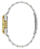 A two-tone metal watch band shown from the side profile, featuring polished silver-toned links with gold-toned accents and a matching gold-toned case end visible on the left, set against a plain white background.