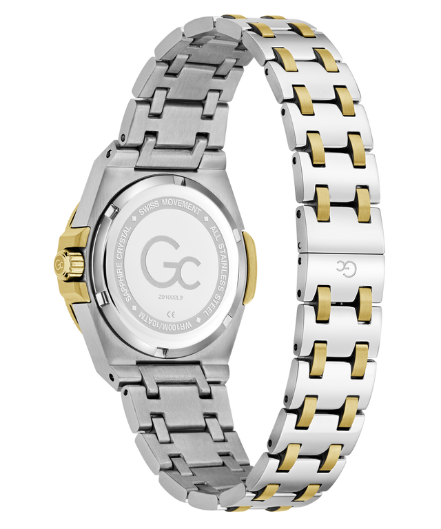 A two-tone stainless steel and gold watch with a metal link bracelet, shown from the back on a white background.