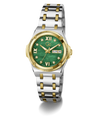 A women's two-tone stainless steel and gold watch with a green malachite dial, featuring Roman numeral hour markers, a day/date window, and a matching two-tone link bracelet.