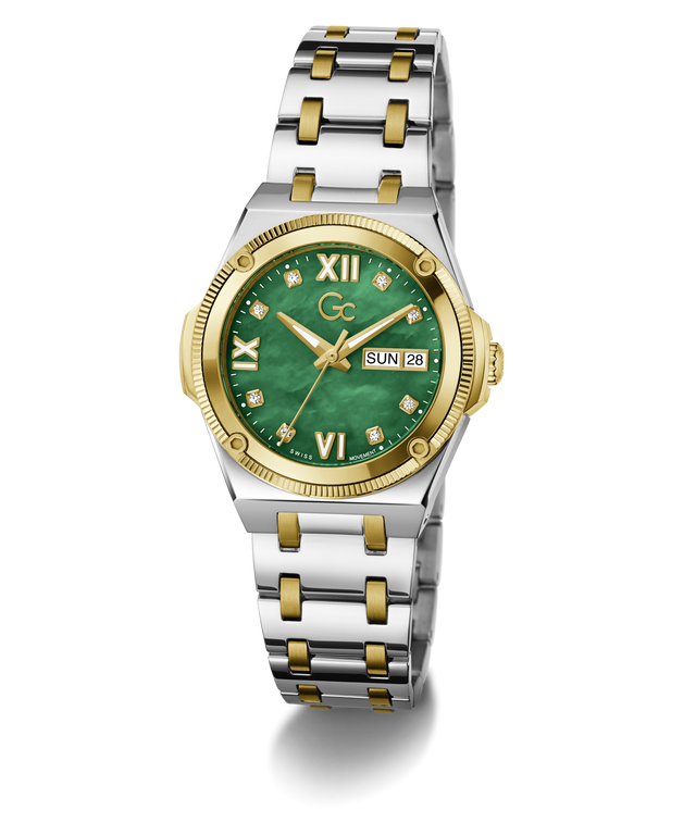 A women's two-tone stainless steel and gold watch with a green malachite dial, featuring Roman numeral hour markers, a day/date window, and a matching two-tone link bracelet.