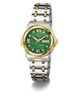A women's two-tone stainless steel and gold watch with a green malachite dial, featuring Roman numeral hour markers, a day/date window, and a matching two-tone link bracelet.