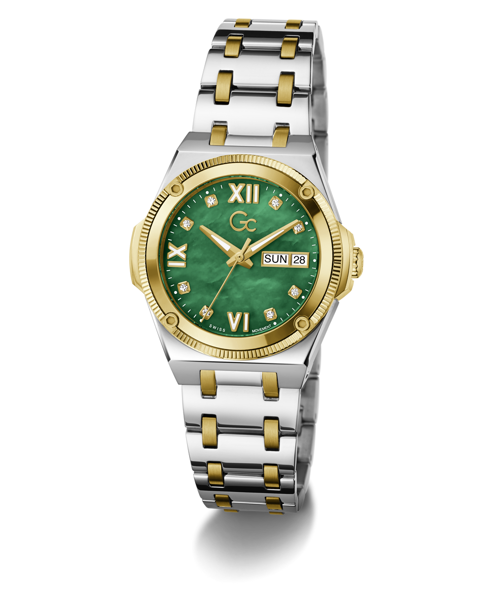 A women's two-tone stainless steel and gold watch with a green malachite dial, featuring Roman numeral hour markers, a day/date window, and a matching two-tone link bracelet.