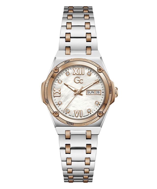 A women's two-tone stainless steel and rose gold watch with a white mother-of-pearl dial, Roman numerals, and a day-date window.