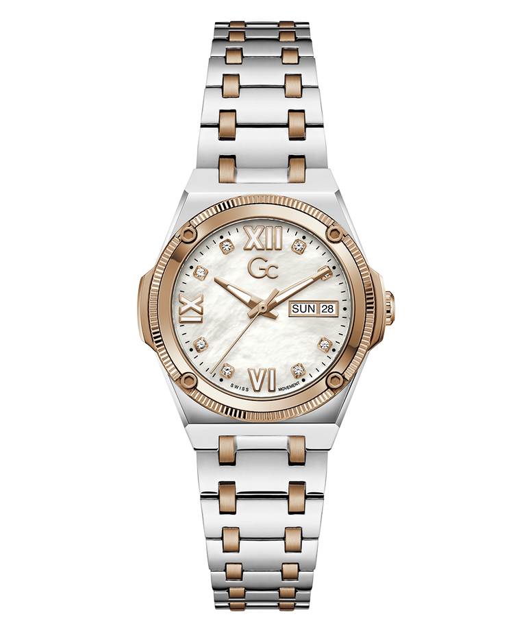 A women's two-tone stainless steel and rose gold watch with a white mother-of-pearl dial, Roman numerals, and a day-date window.