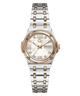 A women's two-tone stainless steel and rose gold watch with a white mother-of-pearl dial, Roman numerals, and a day-date window.