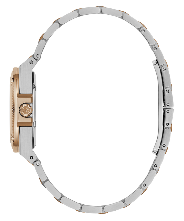Side profile of a two-tone stainless steel and rose gold watch with a matching metal link bracelet, shown on a solid white background.