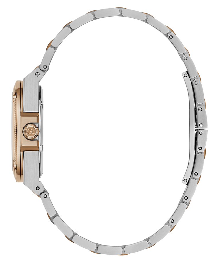 Side profile of a two-tone stainless steel and rose gold watch with a matching metal link bracelet, shown on a solid white background.