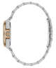 Side profile of a two-tone stainless steel and rose gold watch with a matching metal link bracelet, shown on a solid white background.
