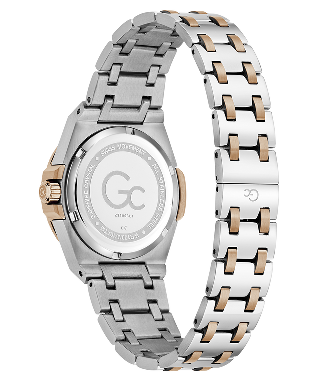 A two-tone stainless steel and rose gold watch shown from the back, featuring a silver-toned metal link bracelet with rose gold accents and a matching rose gold crown.