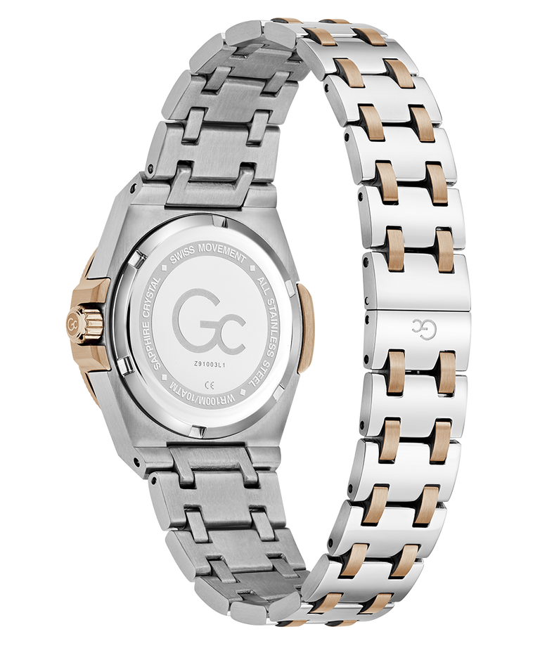 A two-tone stainless steel and rose gold watch shown from the back, featuring a silver-toned metal link bracelet with rose gold accents and a matching rose gold crown.