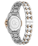 A two-tone stainless steel and rose gold watch shown from the back, featuring a silver-toned metal link bracelet with rose gold accents and a matching rose gold crown.