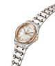 A two-tone women's watch featuring a silver stainless steel link bracelet with rose gold accents, a round rose gold case, and a white mother-of-pearl dial with Roman numerals. lifestyle