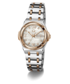A two-tone women's watch featuring a silver stainless steel and rose gold-tone metal bracelet, a round rose gold-tone case, and a white mother-of-pearl dial with Roman numeral hour markers and a day-date window.