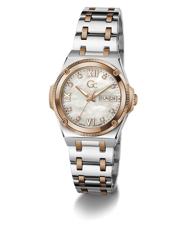 A two-tone women's watch featuring a silver stainless steel and rose gold-tone metal bracelet, a round rose gold-tone case, and a white mother-of-pearl dial with Roman numeral hour markers and a day-date window.