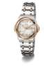 A two-tone women's watch featuring a silver stainless steel and rose gold-tone metal bracelet, a round rose gold-tone case, and a white mother-of-pearl dial with Roman numeral hour markers and a day-date window.