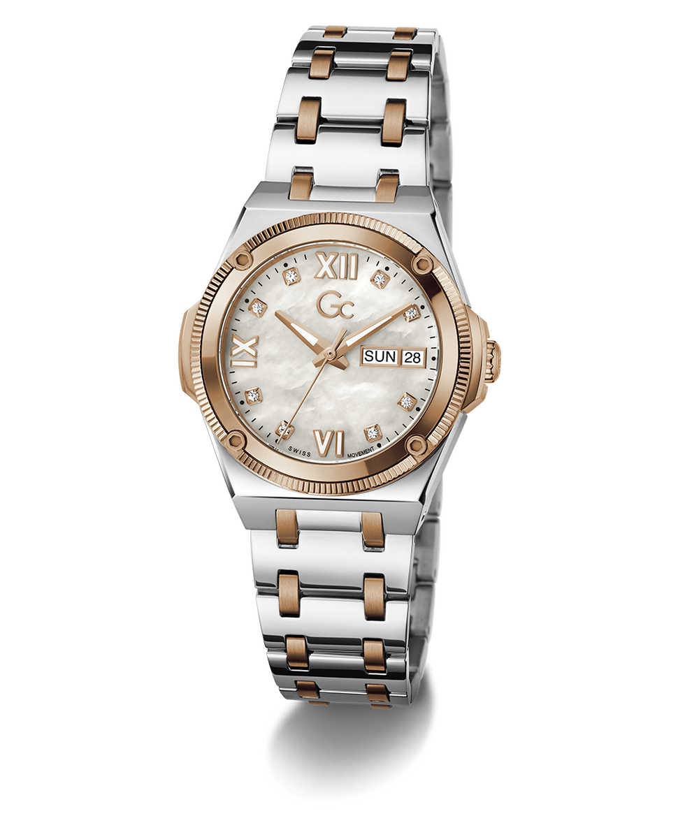 A two-tone women's watch featuring a silver stainless steel and rose gold-tone metal bracelet, a round rose gold-tone case, and a white mother-of-pearl dial with Roman numeral hour markers and a day-date window.