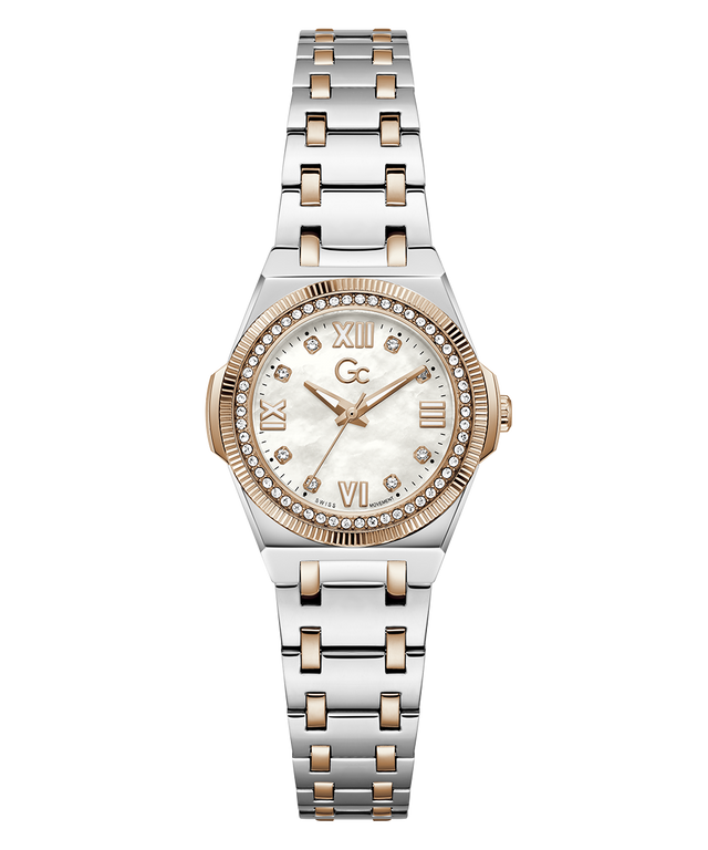 A women's two-tone stainless steel and rose gold watch with a mother-of-pearl dial, crystal bezel, and matching two-tone link bracelet, shown against a plain white background.