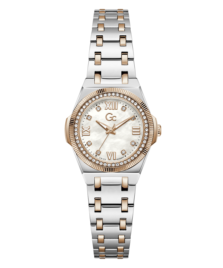 A women's two-tone stainless steel and rose gold watch with a mother-of-pearl dial, crystal bezel, and matching two-tone link bracelet, shown against a plain white background.