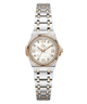 A women's two-tone stainless steel and rose gold watch with a mother-of-pearl dial, crystal bezel, and matching two-tone link bracelet, shown against a plain white background.
