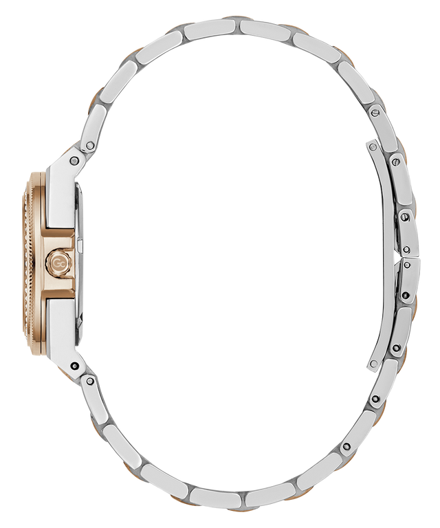 A side profile view of a luxury watch featuring a two-tone silver and rose gold metal bracelet and case, set against a plain white background.