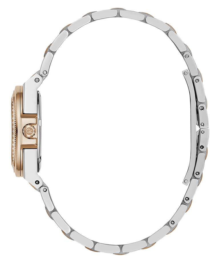 A side profile view of a luxury watch featuring a two-tone silver and rose gold metal bracelet and case, set against a plain white background.