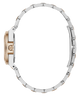 A side profile view of a luxury watch featuring a two-tone silver and rose gold metal bracelet and case, set against a plain white background.