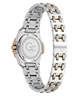 Two-tone stainless steel and rose gold women's watch shown from the back, featuring a matching link bracelet and a clear crystal case back with engraved details.