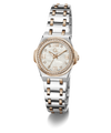 A two-tone stainless steel and rose gold watch with a mother-of-pearl dial, crystal bezel, and matching metal link bracelet, shown on a white background.