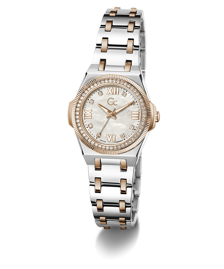 A two-tone stainless steel and rose gold watch with a mother-of-pearl dial, crystal bezel, and matching metal link bracelet, shown on a white background.