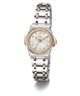 A two-tone stainless steel and rose gold watch with a mother-of-pearl dial, crystal bezel, and matching metal link bracelet, shown on a white background.
