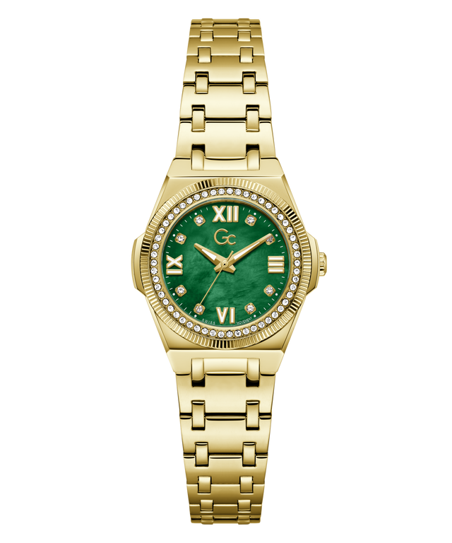 Gold-tone women's watch with a green dial, Roman numeral hour markers, a crystal-encrusted bezel, and a matching gold-tone link bracelet on a white background.