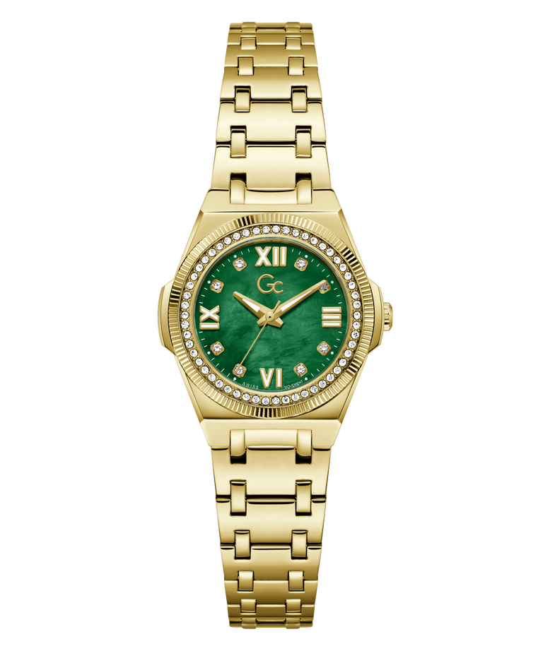 Gold-tone women's watch with a green dial, Roman numeral hour markers, a crystal-encrusted bezel, and a matching gold-tone link bracelet on a white background.