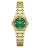 Gold-tone women's watch with a green dial, Roman numeral hour markers, a crystal-encrusted bezel, and a matching gold-tone link bracelet on a white background.