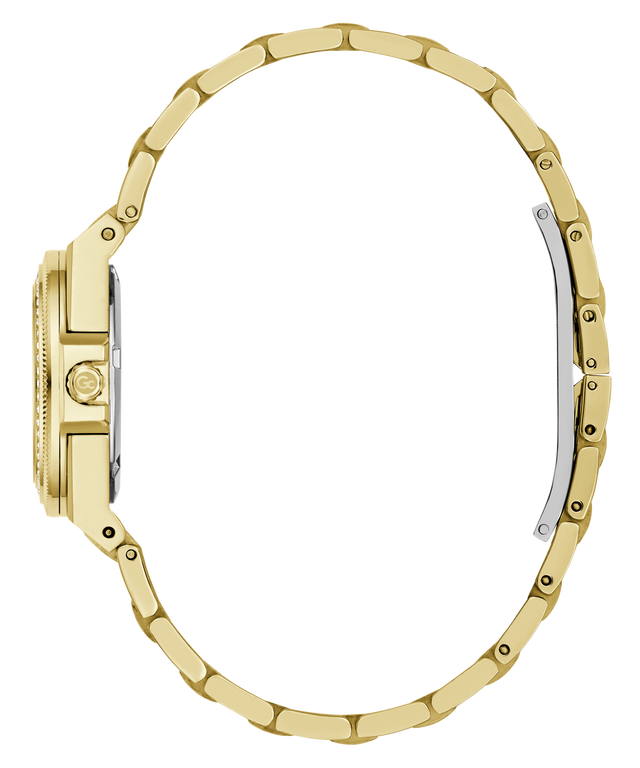 A close-up side profile of a gold-tone watch with a matching metal link bracelet, showing the case side, crown, and clasp on a plain white background.