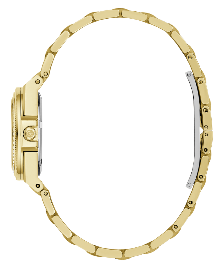 A close-up side profile of a gold-tone watch with a matching metal link bracelet, showing the case side, crown, and clasp on a plain white background.