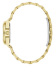 A close-up side profile of a gold-tone watch with a matching metal link bracelet, showing the case side, crown, and clasp on a plain white background.