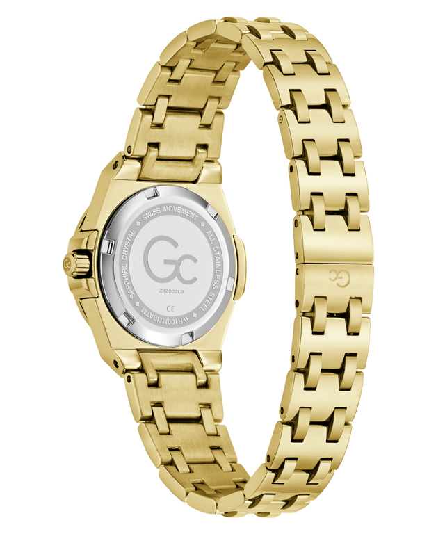 Gold-tone stainless steel watch with a matching link bracelet, shown from the back on a clean white background. The case and bracelet are polished yellow gold, and the back of the case features a silver-toned glass cover with engraved branding and specifications.