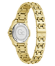 Gold-tone stainless steel watch with a matching link bracelet, shown from the back on a clean white background. The case and bracelet are polished yellow gold, and the back of the case features a silver-toned glass cover with engraved branding and specifications.