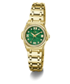 A gold-tone women's watch with a green dial, Roman numeral hour markers, a crystal-encrusted bezel, and a matching gold-tone link bracelet, shown on a white background.