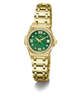 A gold-tone women's watch with a green dial, Roman numeral hour markers, a crystal-encrusted bezel, and a matching gold-tone link bracelet, shown on a white background.