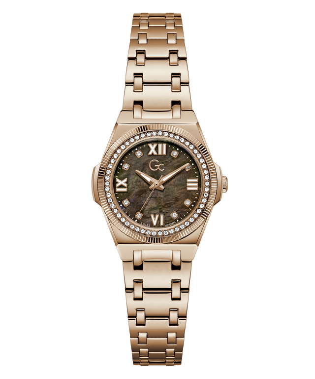 A women's gold-tone stainless steel watch with a round mother-of-pearl dial, crystal bezel, and matching metal link bracelet, shown against a plain white background.