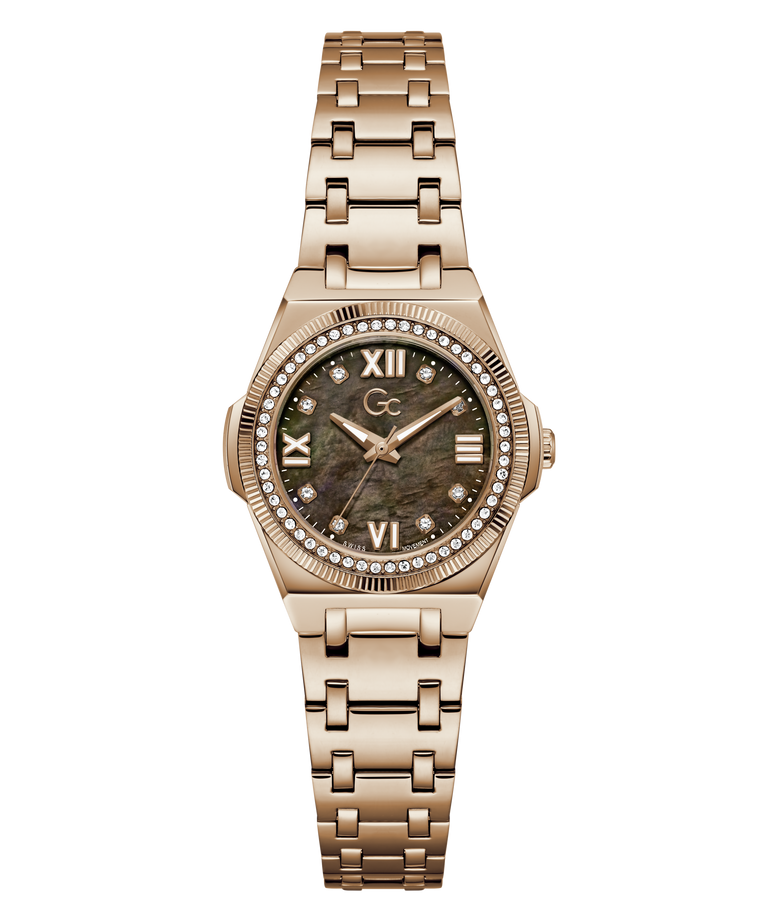 A women's gold-tone stainless steel watch with a round mother-of-pearl dial, crystal bezel, and matching metal link bracelet, shown against a plain white background.