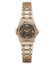 A women's gold-tone stainless steel watch with a round mother-of-pearl dial, crystal bezel, and matching metal link bracelet, shown against a plain white background.