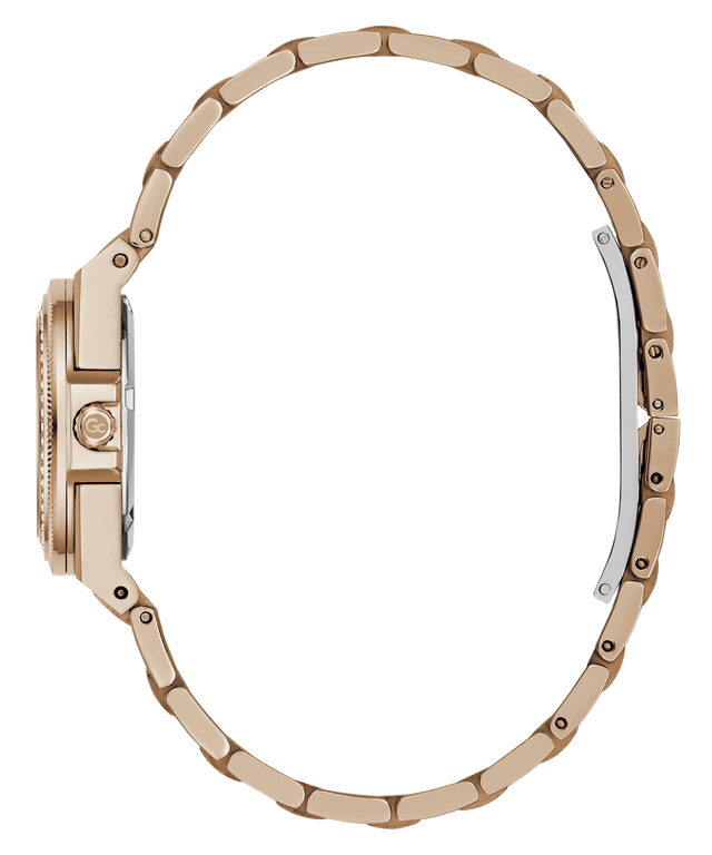 Close-up side view of a rose gold watch with a matching link bracelet, showing the case, crown, and bracelet details against a white background.