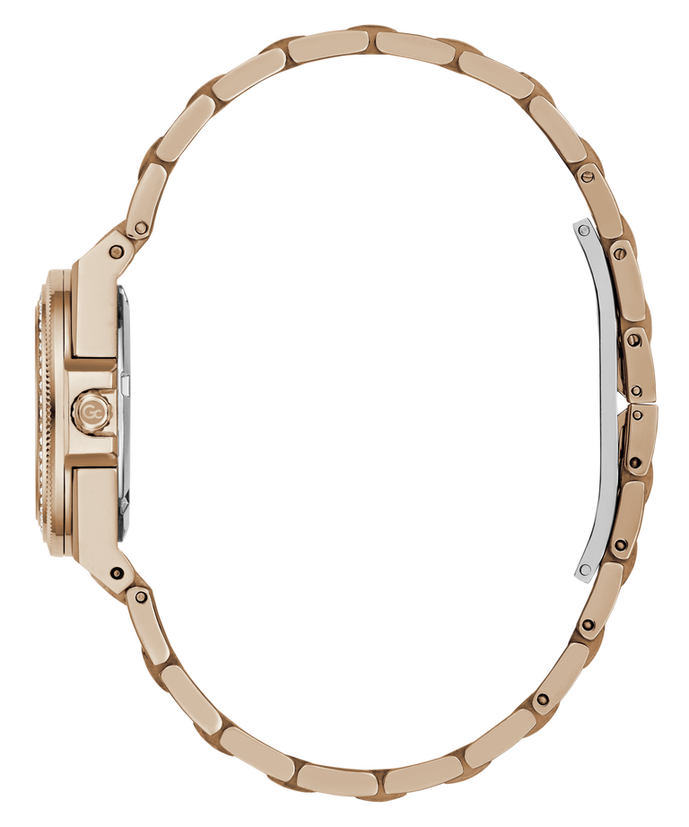 Close-up side view of a rose gold watch with a matching link bracelet, showing the case, crown, and bracelet details against a white background.