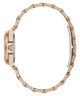 Close-up side view of a rose gold watch with a matching link bracelet, showing the case, crown, and bracelet details against a white background.