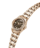 A rose gold women's watch featuring a textured green mother-of-pearl dial, a crystal-accented bezel, and a matching rose gold link bracelet, shown on a plain white background. lifestyle