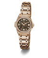 A women's rose gold-tone stainless steel watch with a round dial featuring a dark mother-of-pearl pattern, Roman numeral hour markers, a crystal gemstone bezel, and a matching rose gold link bracelet.