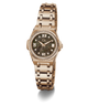 A women's rose gold-tone stainless steel watch with a round dial featuring a dark mother-of-pearl pattern, Roman numeral hour markers, a crystal gemstone bezel, and a matching rose gold link bracelet.